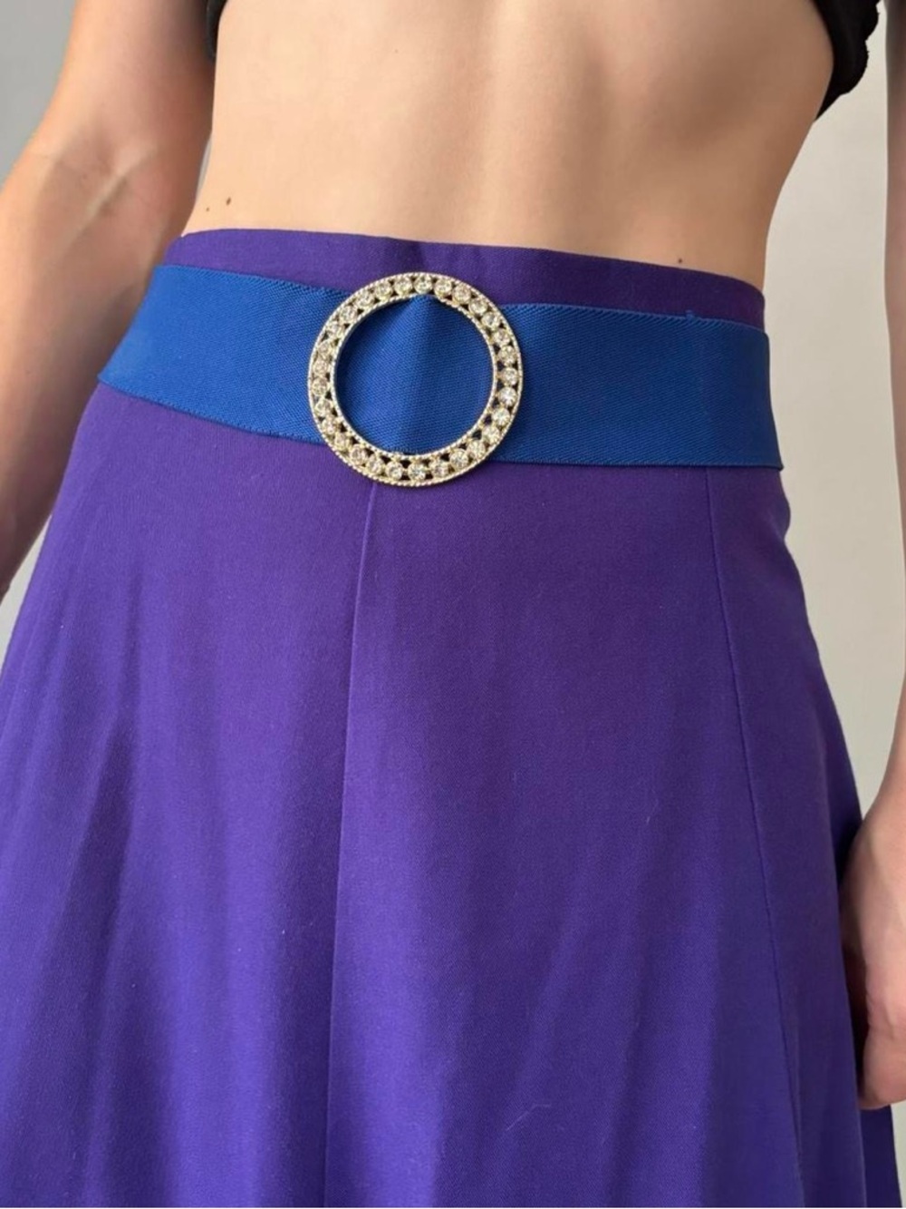 Vintage 70s disco glam electric blue belt with gold rhinestone buckle